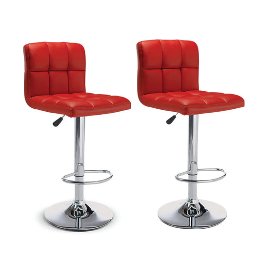 Set Of Two red bar stools with chrome bases 