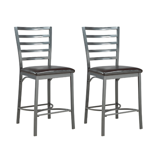 Two metal bar stools with black seats 