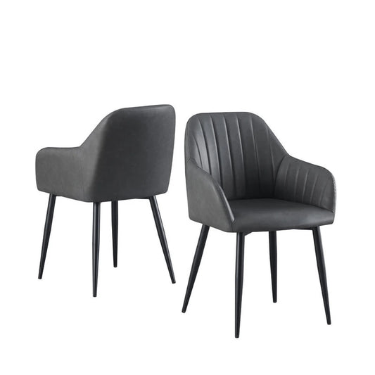 Set of two grey dining chairs with black legs 
