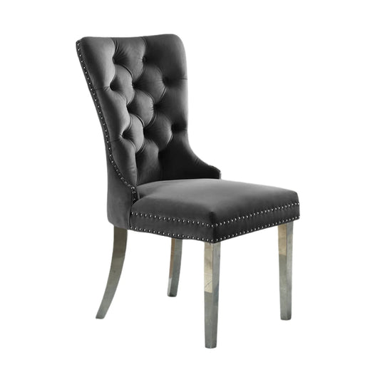 Grey tufted chair with nailhead trim 