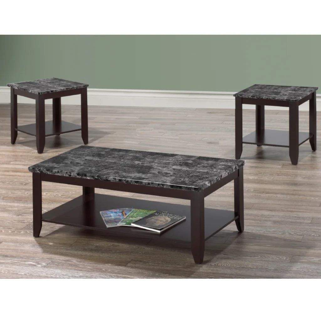 Set of three Espresso wood coffee tables with marble tops 