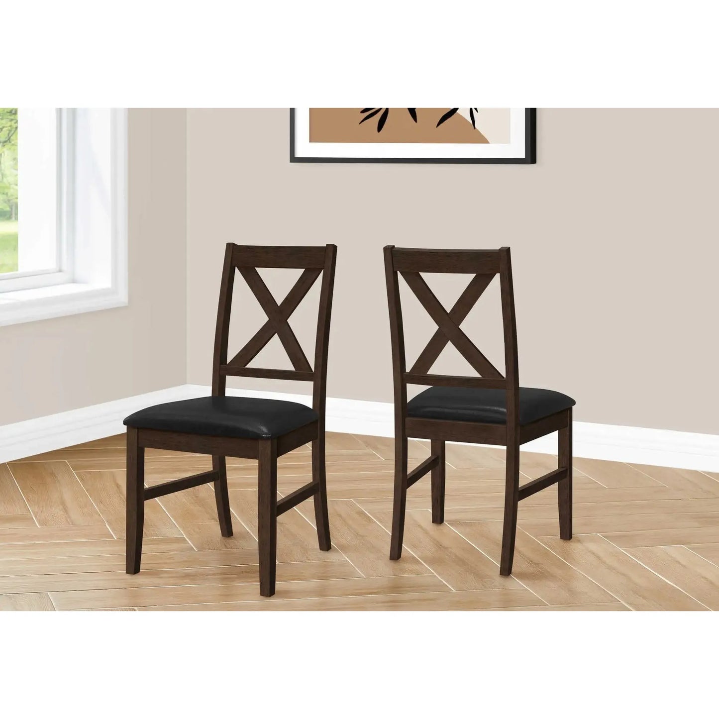Set of 2 Espresso Dining Chairs – 37"H Cross Back Design – Black PU