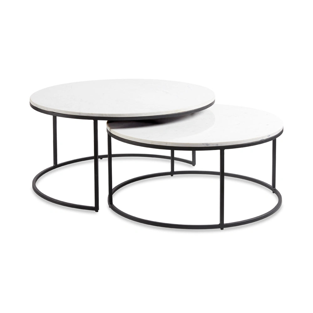 Set of 2 Round Nesting Coffee Tables – Black Base with Marble Top