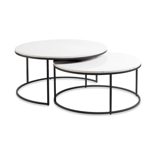 Set of 2 Round Nesting Coffee Tables – Black Base with Marble Top