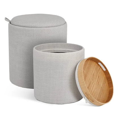 Set of 2 Round Ottomans with Tray – Light Grey Linen Storage Stools