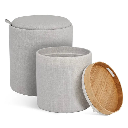 Set of 2 Round Ottomans with Tray – Light Grey Linen Storage Stools