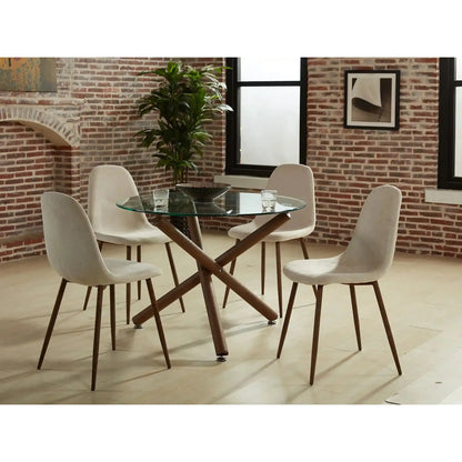 Set of 4 Grey Upholstered Dining Chairs With Walnut Metal Legs