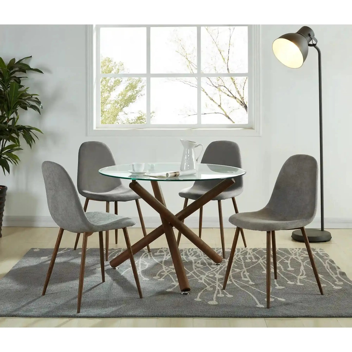 Set of 4 Grey Upholstered Dining Chairs With Walnut Metal Legs