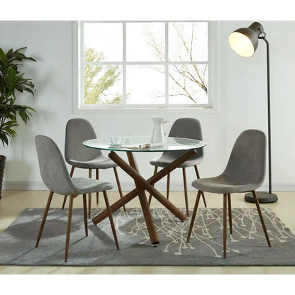 Set of 4 Grey Upholstered Dining Chairs With Walnut Metal Legs
