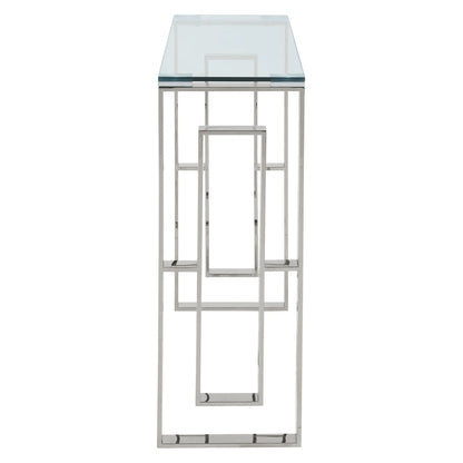 Eros Modern Glass Console Table in Silver with Stainless Steel Frame