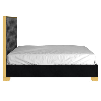 Lucille Velvet Queen Bed Frame with Gold Trim & Tufted Headboard