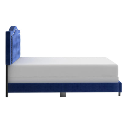 Pixie Blue Velvet Queen Bed with Tufted Crown Headboard