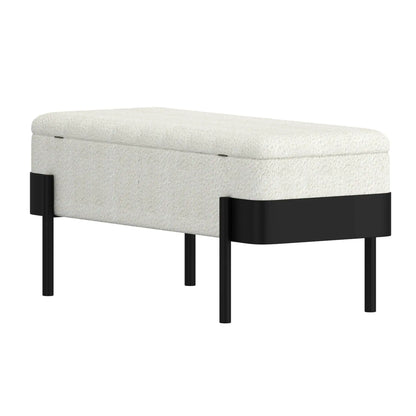 Odell Boucle Storage Bench with Deep Compartment & Black Metal Legs