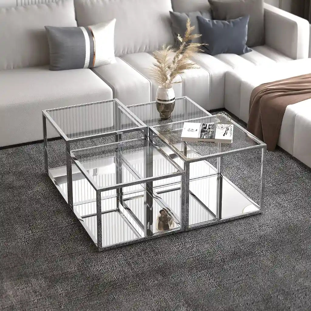 Casini 4pc Modular Glass Coffee Table Set – Tempered Glass Tiers