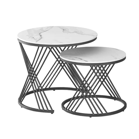 Set of two marble top coffee tables with black metal frames