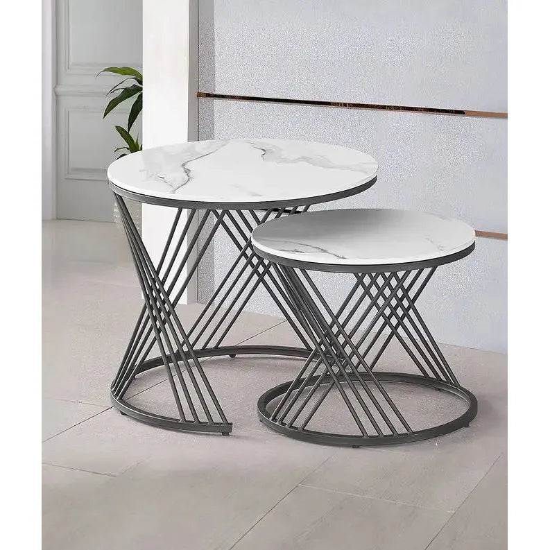 Set of two marble top coffee table with black metal base for living room