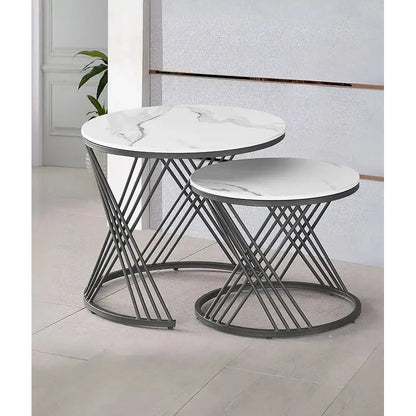 Set of two marble top coffee table with black metal base for living room