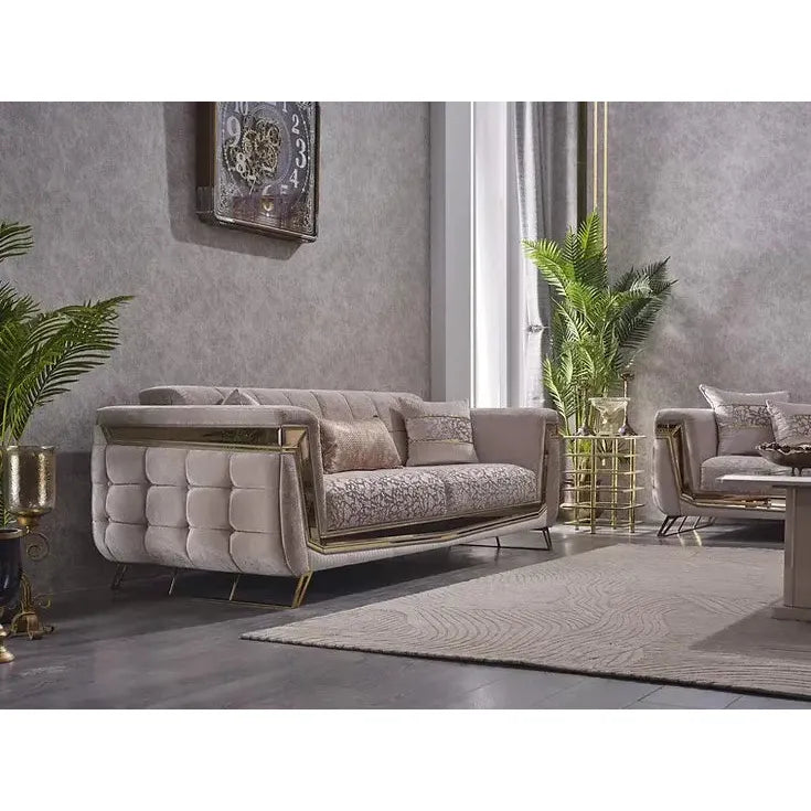 MAXIMO Beige & Gold Velvet Sofa Set – with Bed Option and Steel Legs
