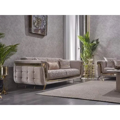 MAXIMO Beige & Gold Velvet Sofa Set – with Bed Option and Steel Legs