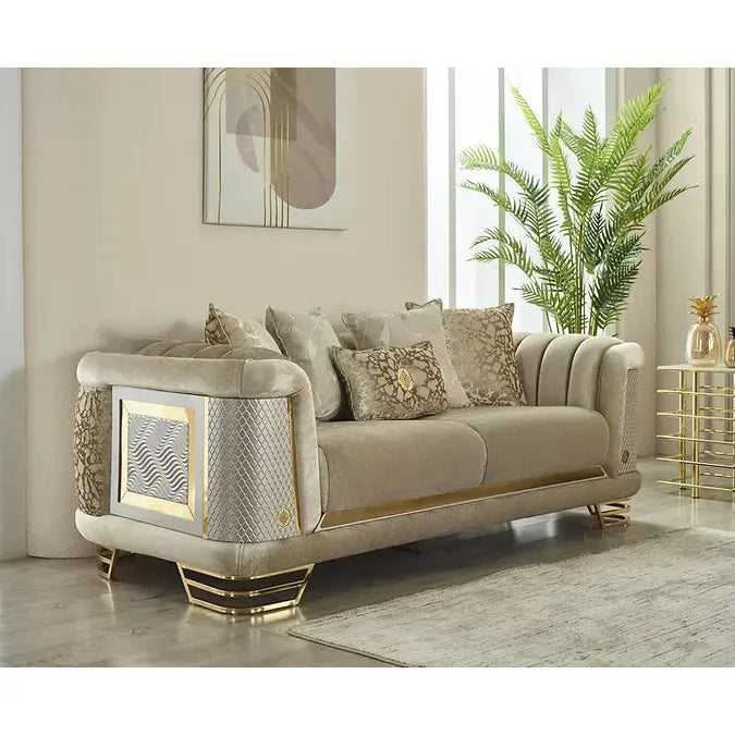 ROMANCE Sofa Set – Beige & Gold Textured Fabric with Steel Legs and Dual Design Options
