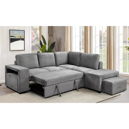 Gray sectional sofa with storage ottomans for living room setting.