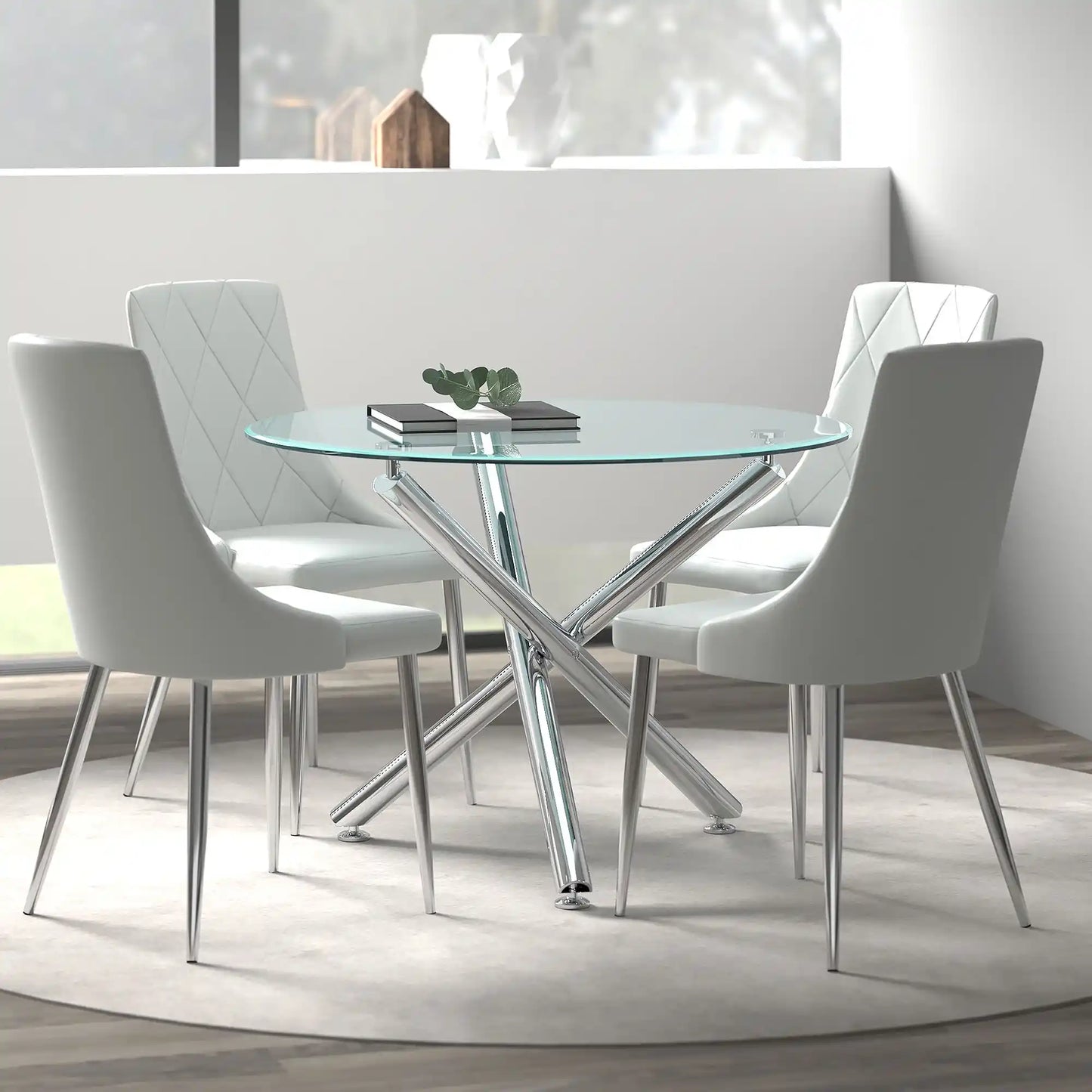 Solara/Devo 5pc Glass Dining Table Set – Chrome Round Table