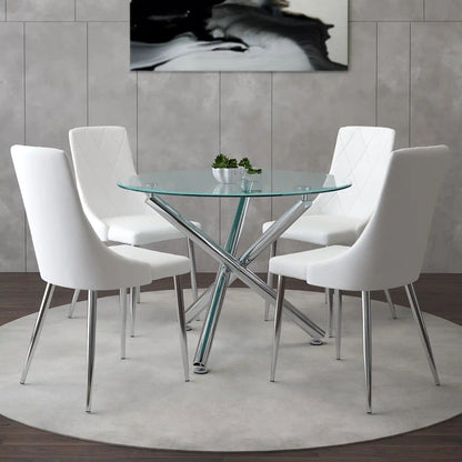 Solara/Devo 5pc Glass Dining Table Set – Chrome Round Table
