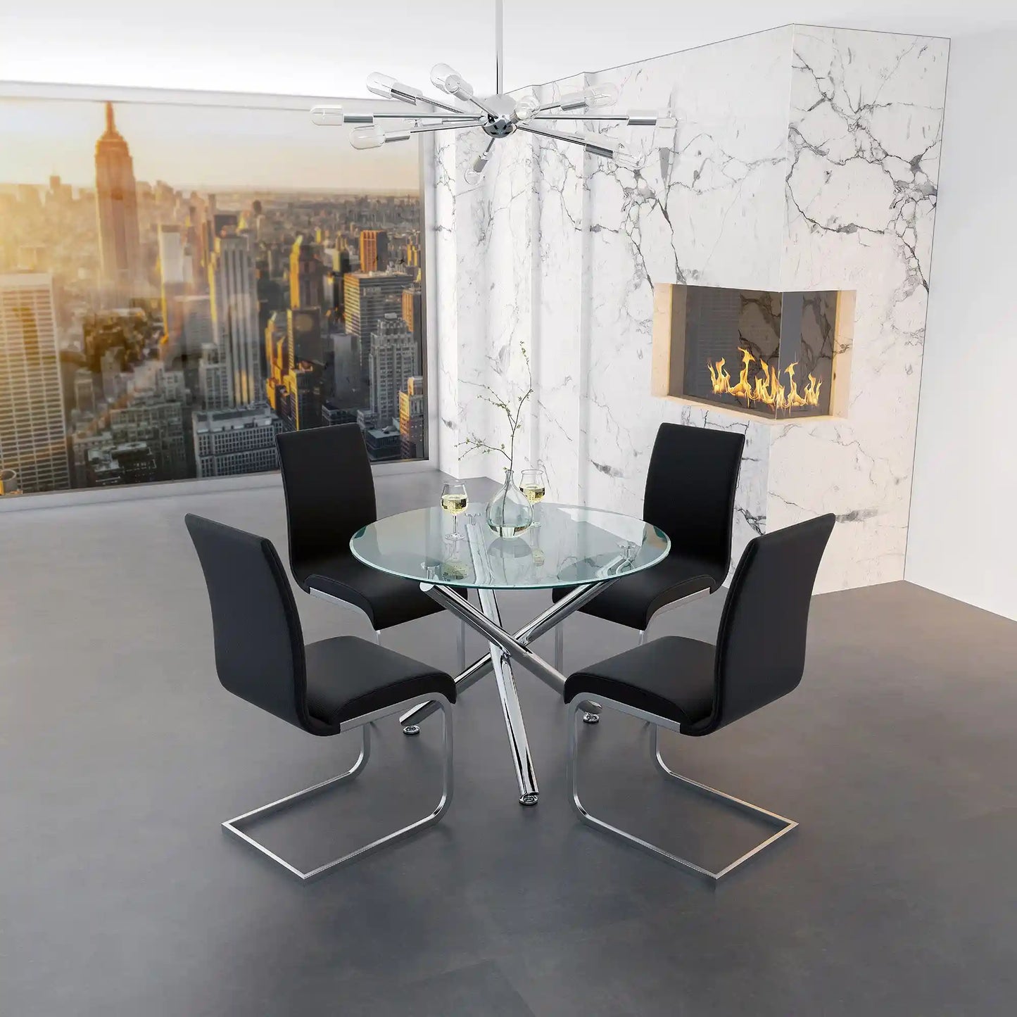 Solara/Maxim 5pc Glass Dining Table Set With Black Faux Leather Chairs