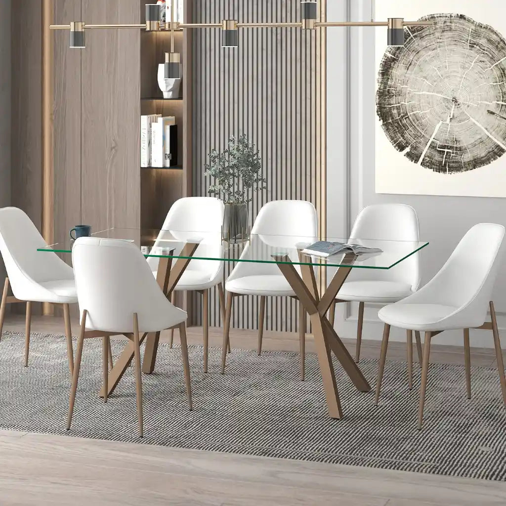 Stark 7pc Glass Dining Room Table Set – Aged Gold with White Chairs