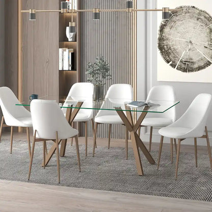 Stark 7pc Glass Dining Room Table Set – Aged Gold with White Chairs