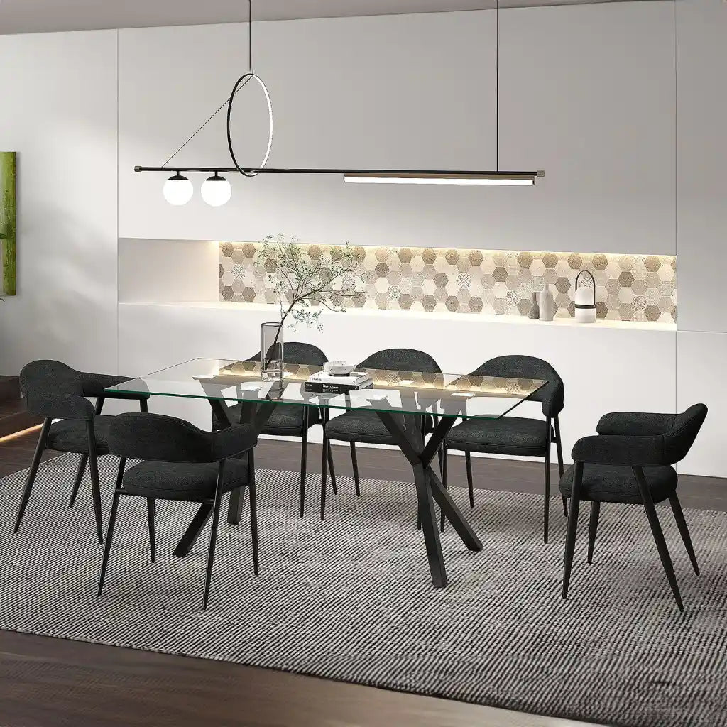 Stark/Archer 7pc Glass Dining Table Set – Modern Black Frame Table