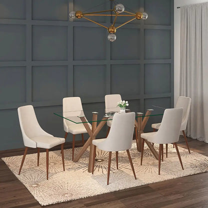 Stark/Cora 7pc Glass Dining Table Set With Beige Fabric Chairs