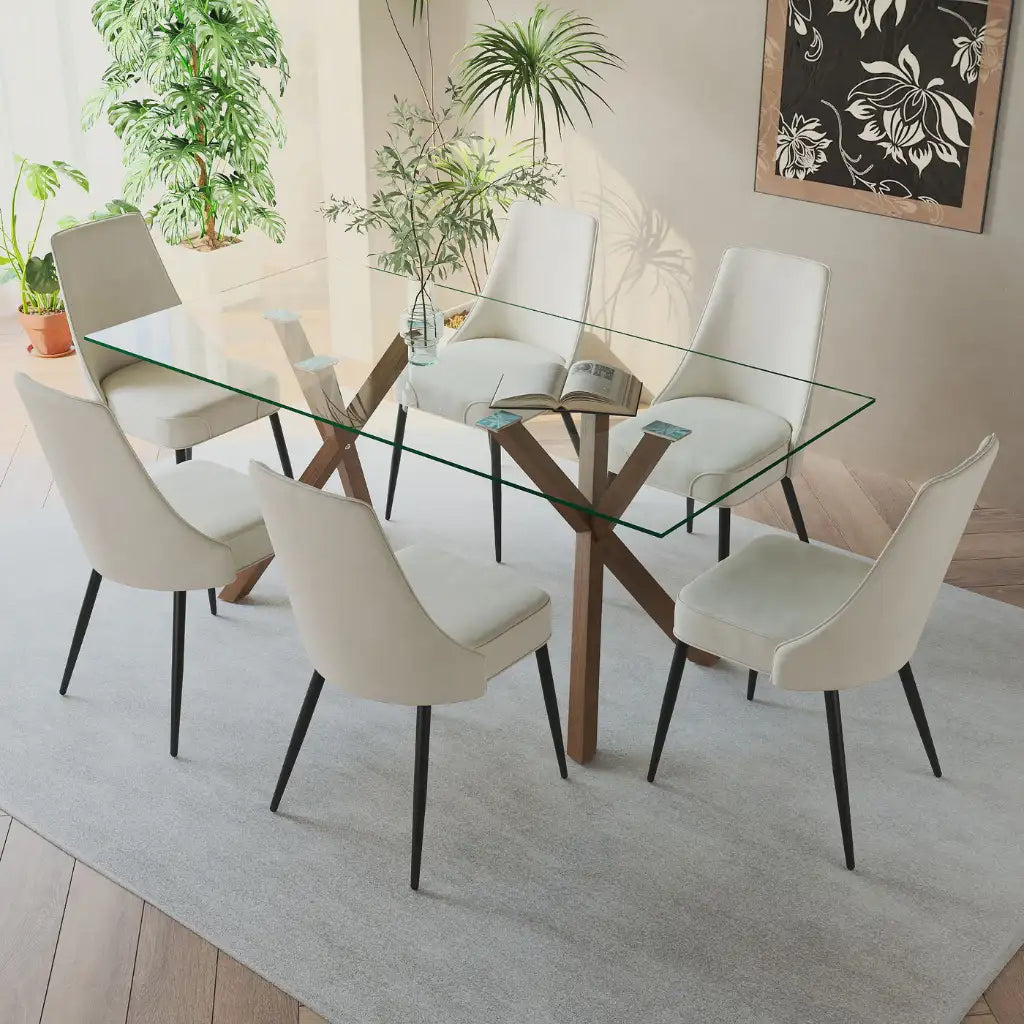 Stark/Koda 7pc Glass Dining Table Set With Walnut Table