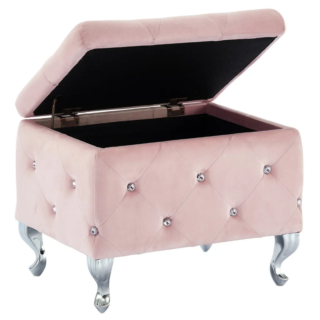 Monique Velvet Storage Ottoman in Blush Pink with Chrome Legs