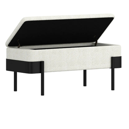 Odell Boucle Storage Bench with Deep Compartment & Black Metal Legs