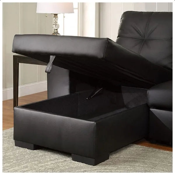 Black leather sectional sofa with an open storage ottoman 