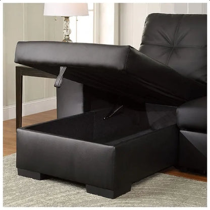 Black leather sectional sofa with an open storage ottoman 