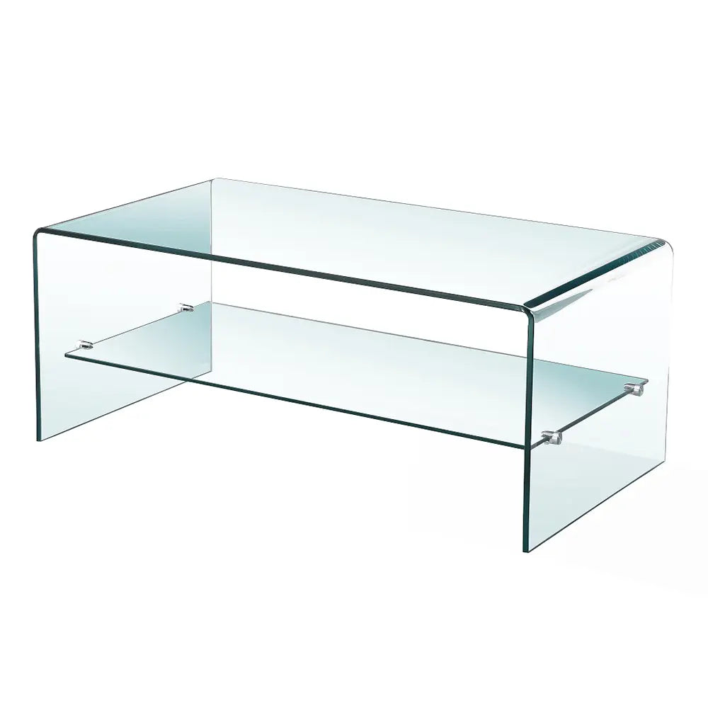 Stylish Bent Glass Coffee Table With Shelf –Sleek Curved Design