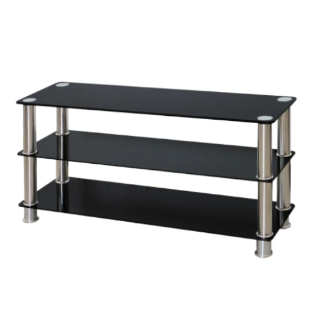 Black glass TV stand with chrome legs on a white background