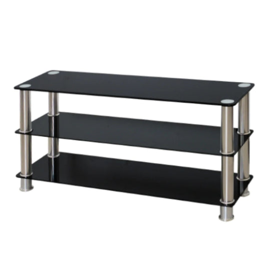 Black glass TV stand with chrome legs on a white background