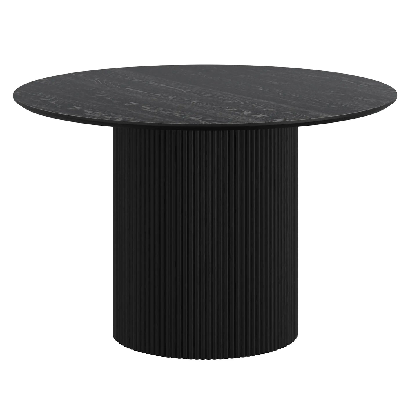 Black round table with ribbed cylindrical base on a white background