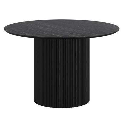 Black round table with ribbed cylindrical base on a white background
