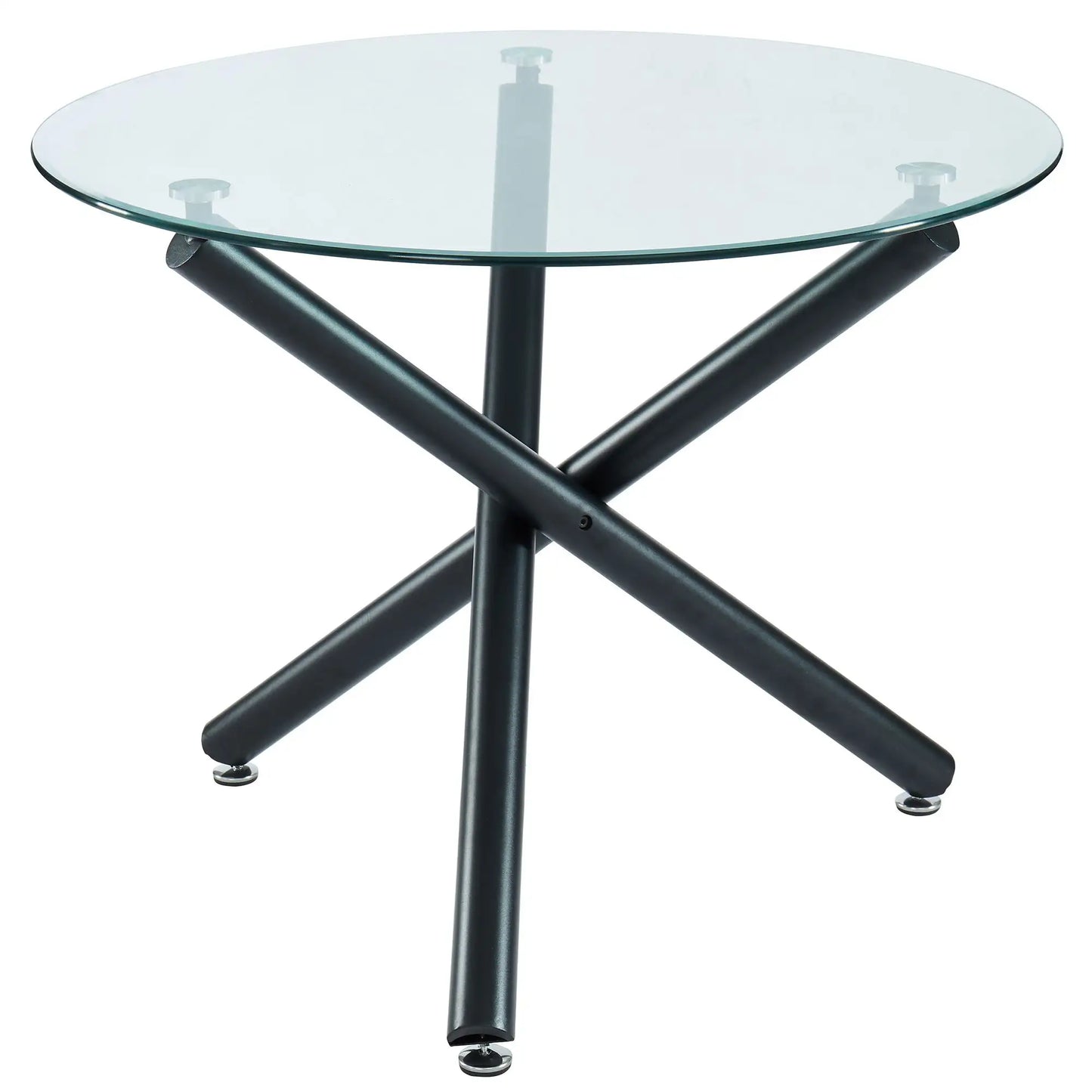 Glass top table with black metal legs on a white background