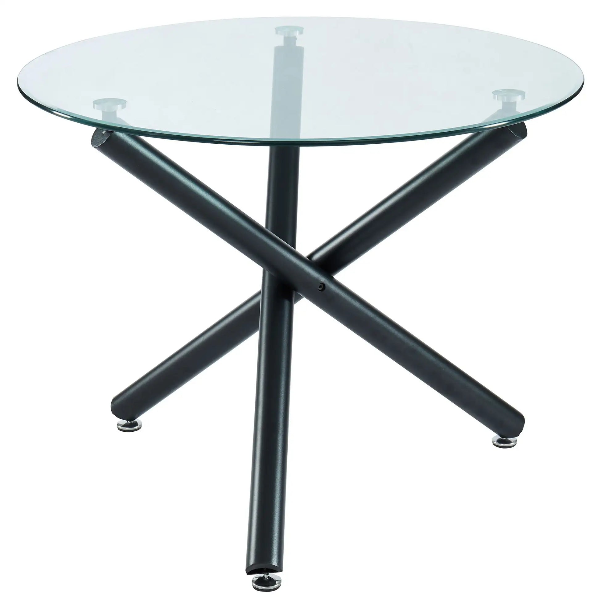 Glass top table with black metal legs on a white background