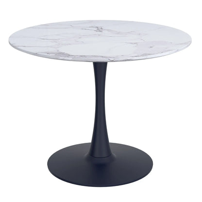 Round table with marble top and black base on a white background