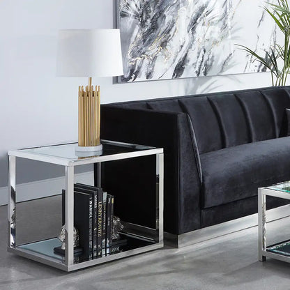 Caspian Tempered Glass Top End Table – Sleek Polished Steel Frame