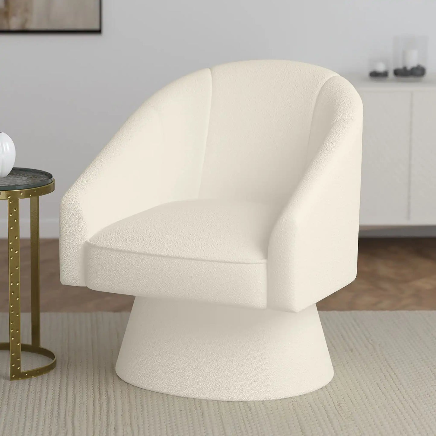 Tilsy Modern Swivel Accent Chair in Ivory Boucle with Pedestal Base