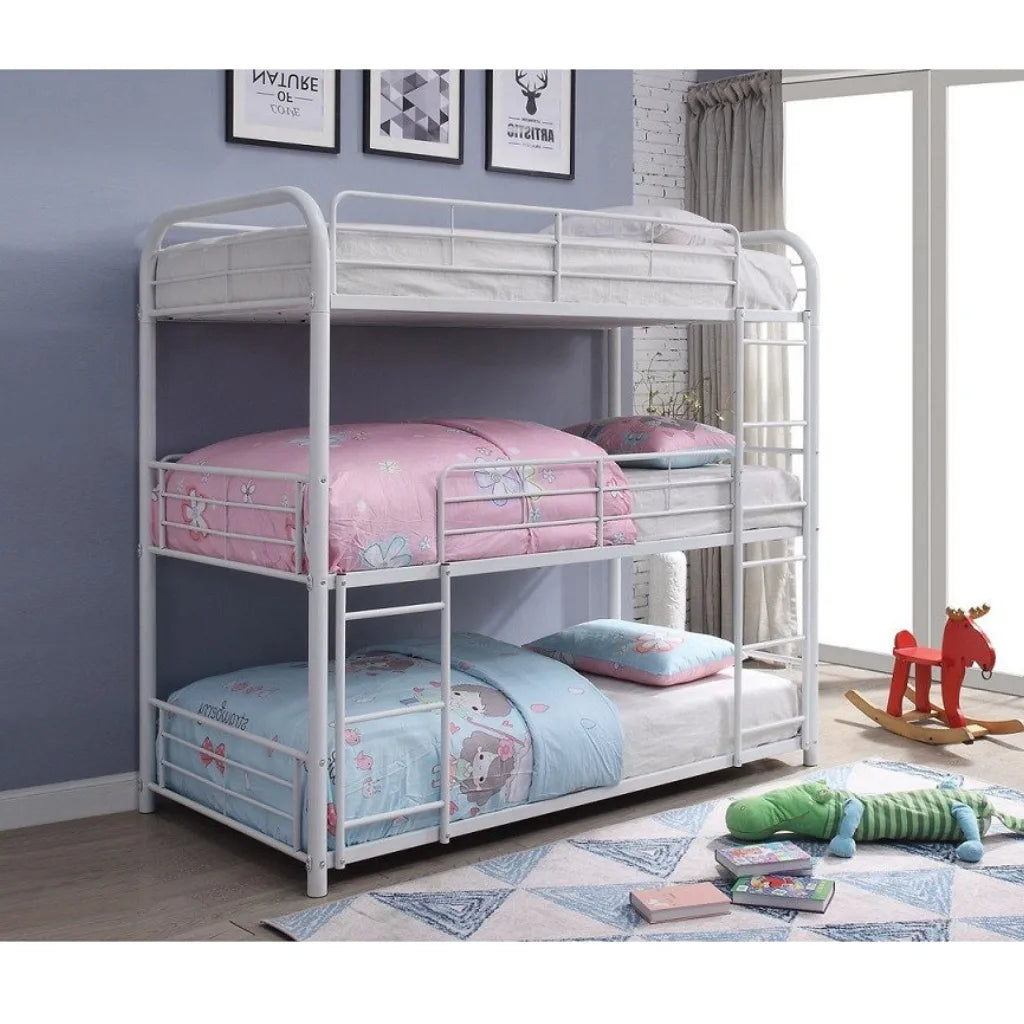 White Metal Triple Single Bunk Bed 