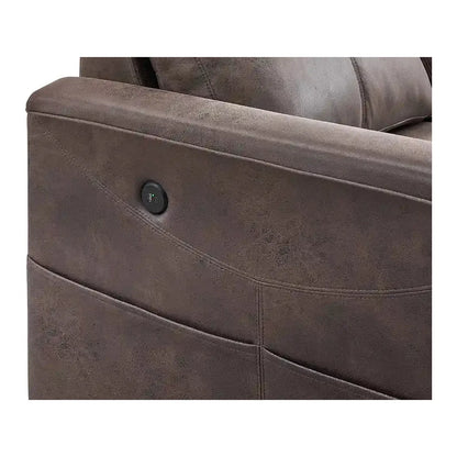 Close-up of a brown leather armchair with a button detail on a white background