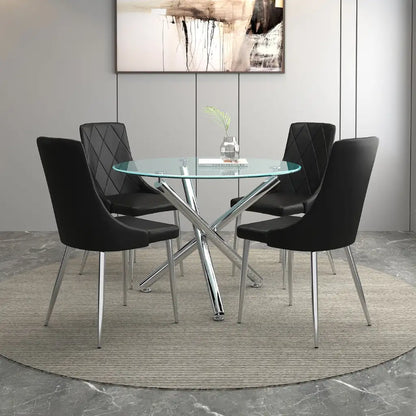 Solara/Devo 5pc Glass Dining Table Set – Chrome Round Table